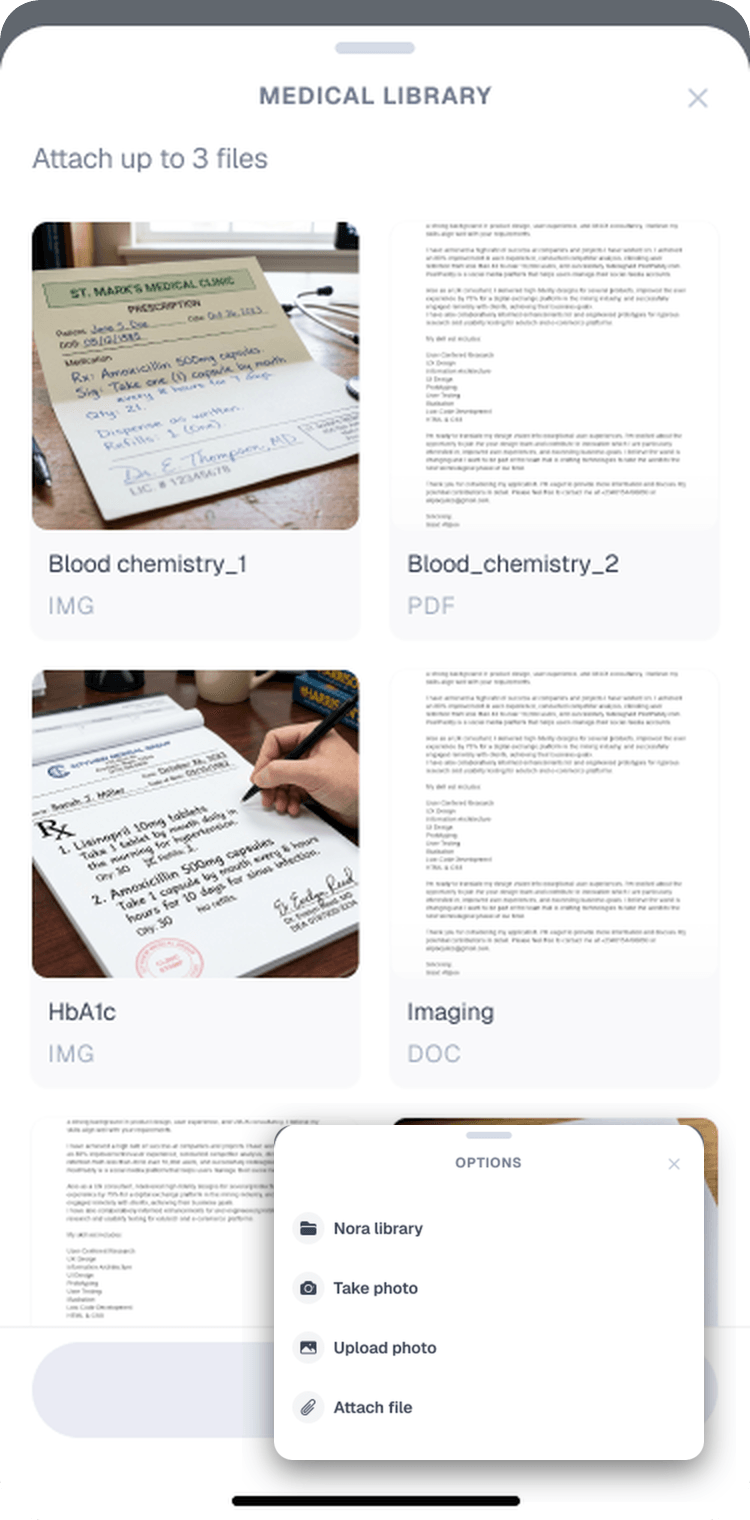 AlignCare health document library with options to add labs, photos, and files