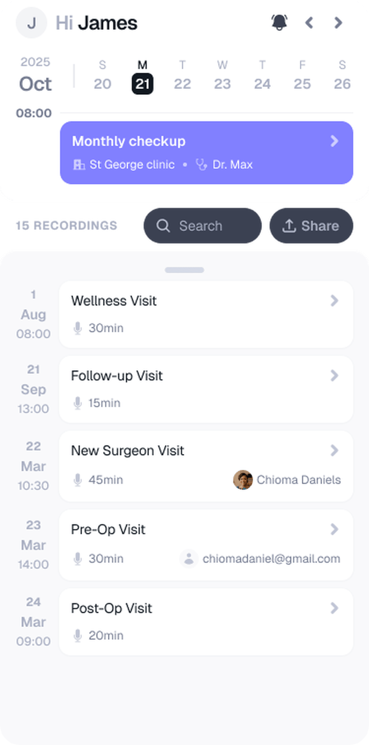 AlignCare in-app calendar with upcoming appointments and visit history