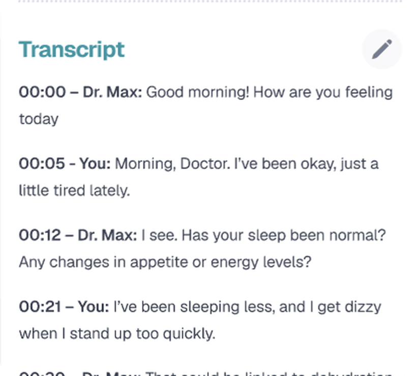 AlignCare visit transcript labeling each line by speaker, provider and patient